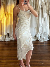 70s Celestial Beaded Silk Tiered Column Dress