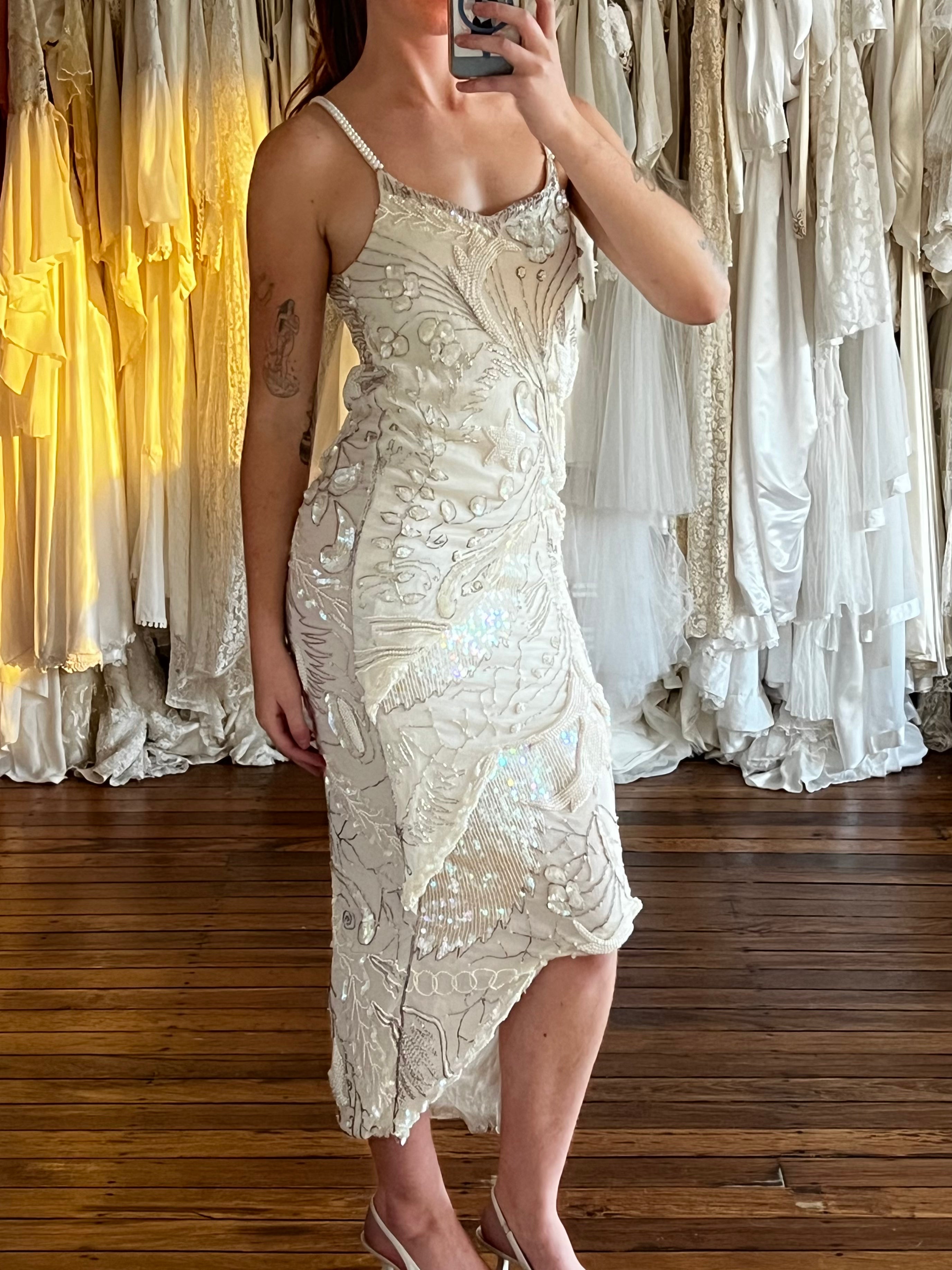 70s Celestial Beaded Silk Tiered Column Dress