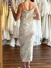 70s Celestial Beaded Silk Tiered Column Dress