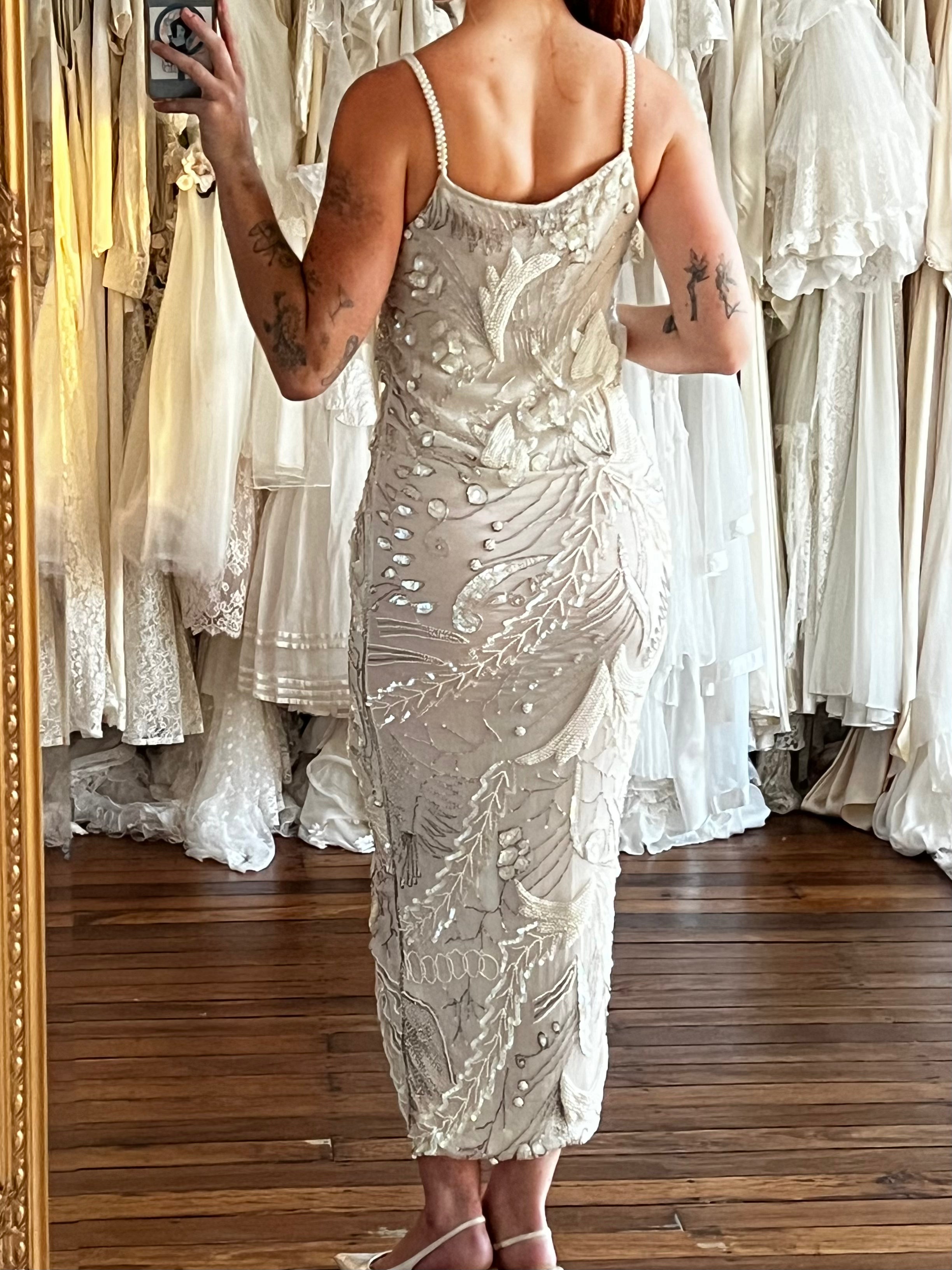 70s Celestial Beaded Silk Tiered Column Dress