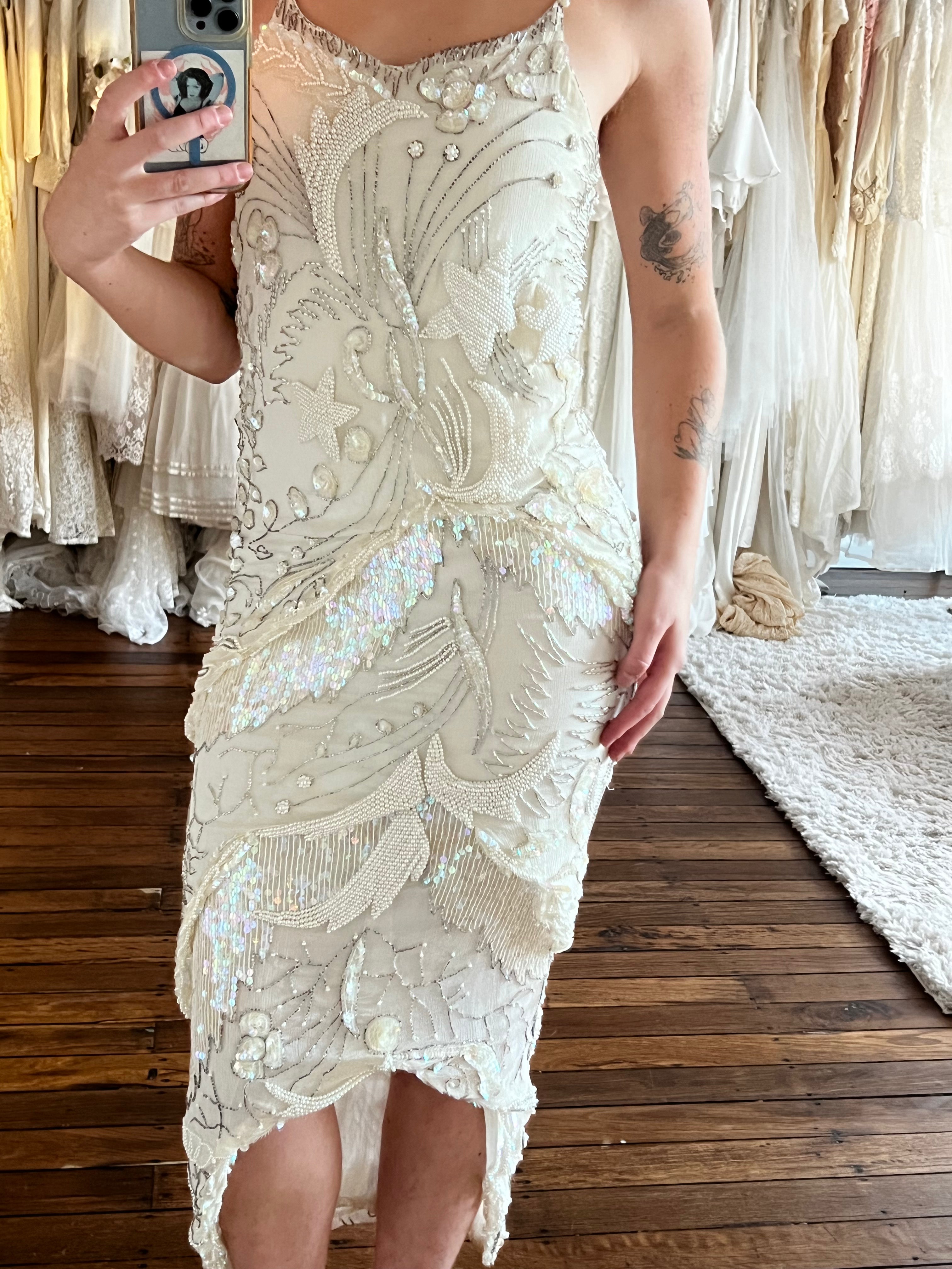 70s Celestial Beaded Silk Tiered Column Dress