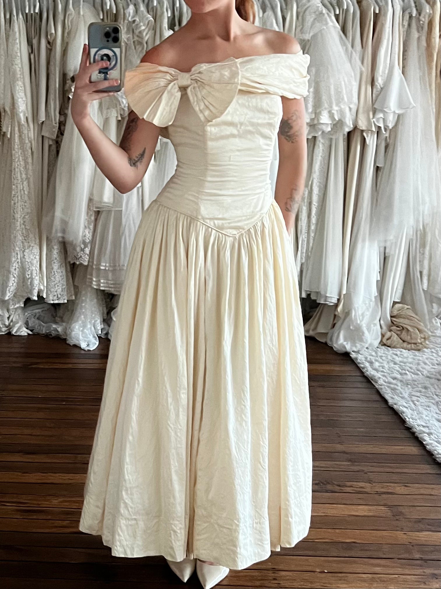 90s Mariana Hardwick Off-the-shoulder Raw Silk Dress