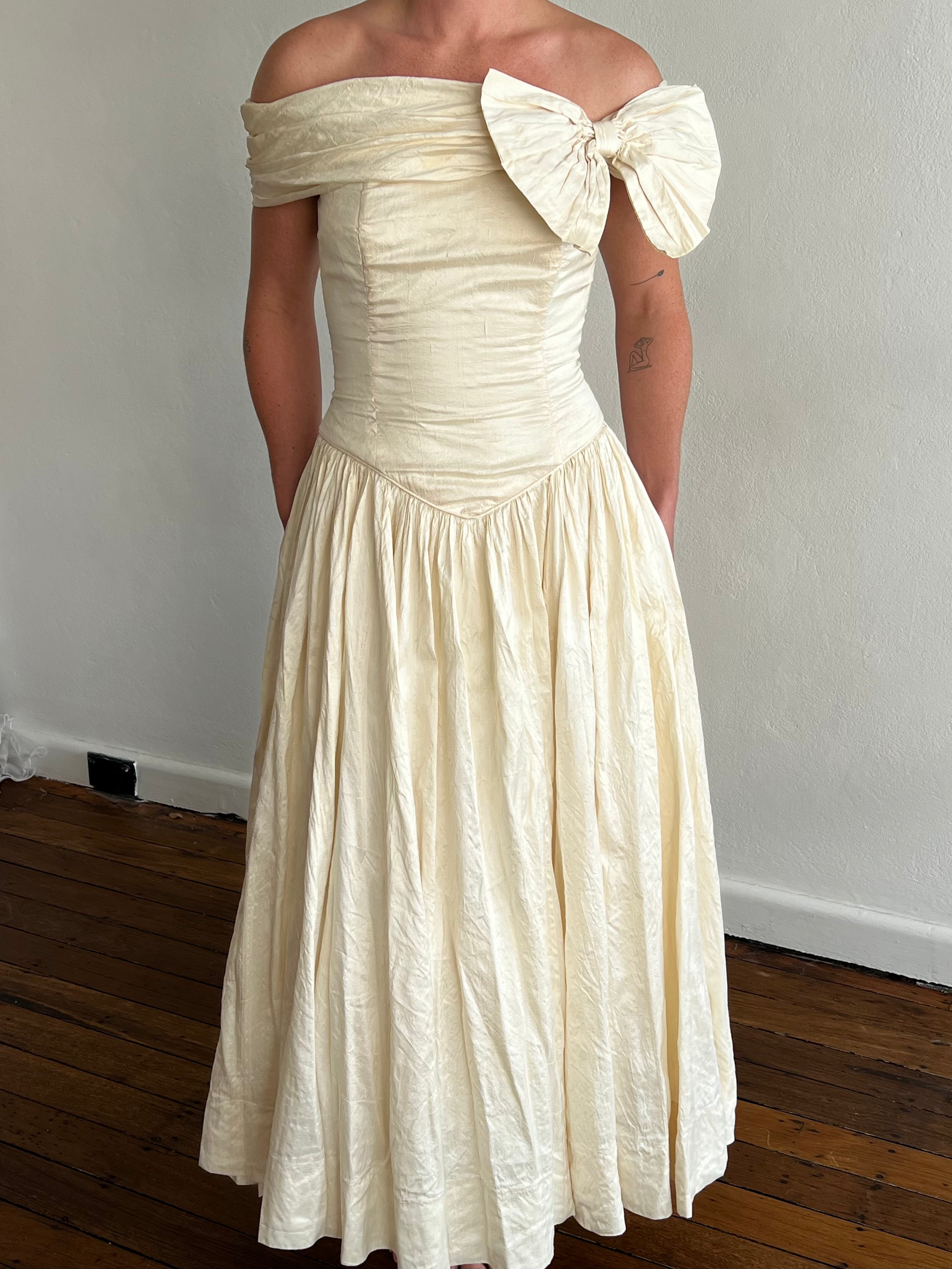 90s Mariana Hardwick Off-the-shoulder Raw Silk Dress