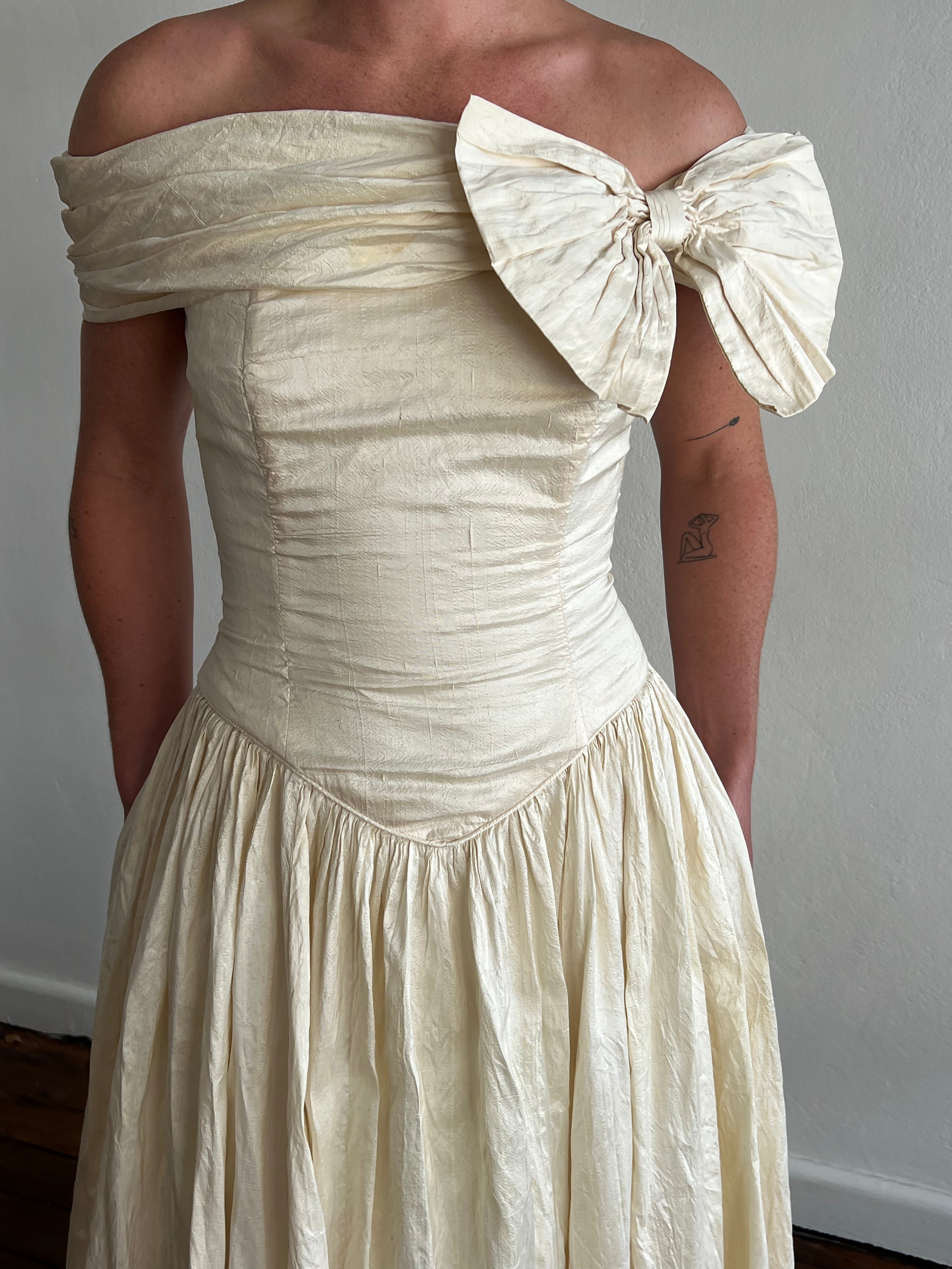 90s Mariana Hardwick Off-the-shoulder Raw Silk Dress