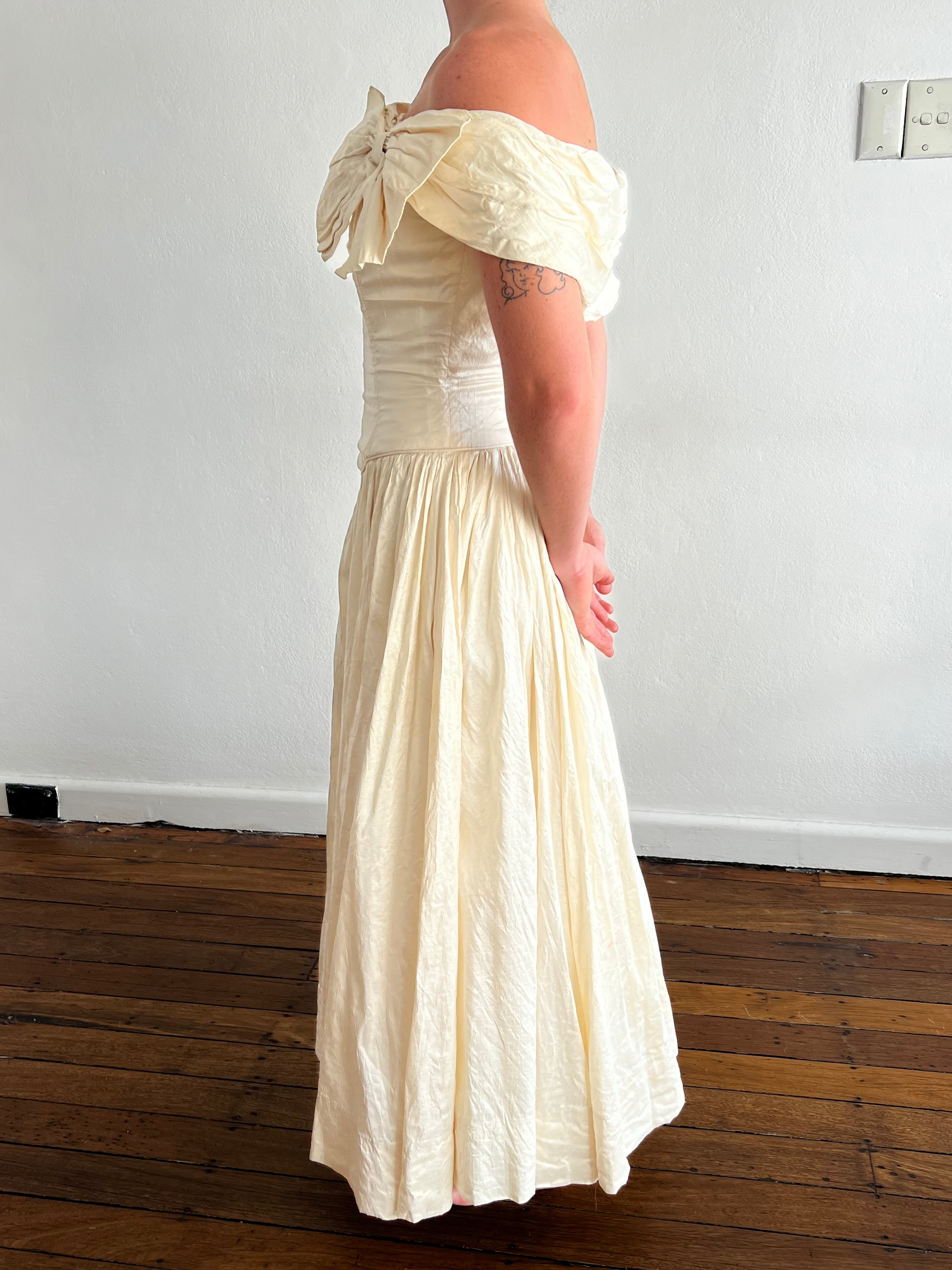 90s Mariana Hardwick Off-the-shoulder Raw Silk Dress