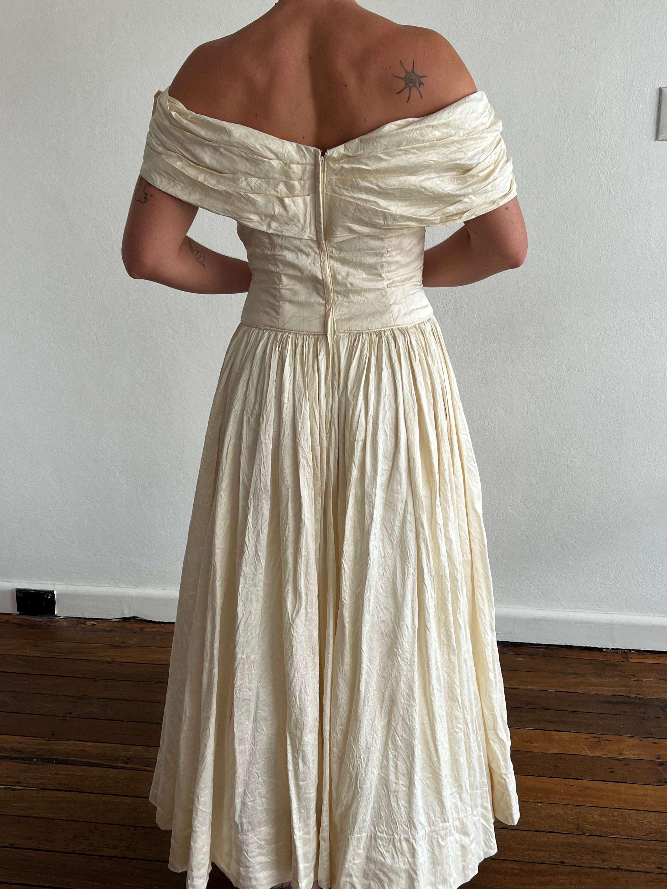 90s Mariana Hardwick Off-the-shoulder Raw Silk Dress