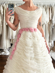 50s Draped Organza Pink Rosette Detail Dress