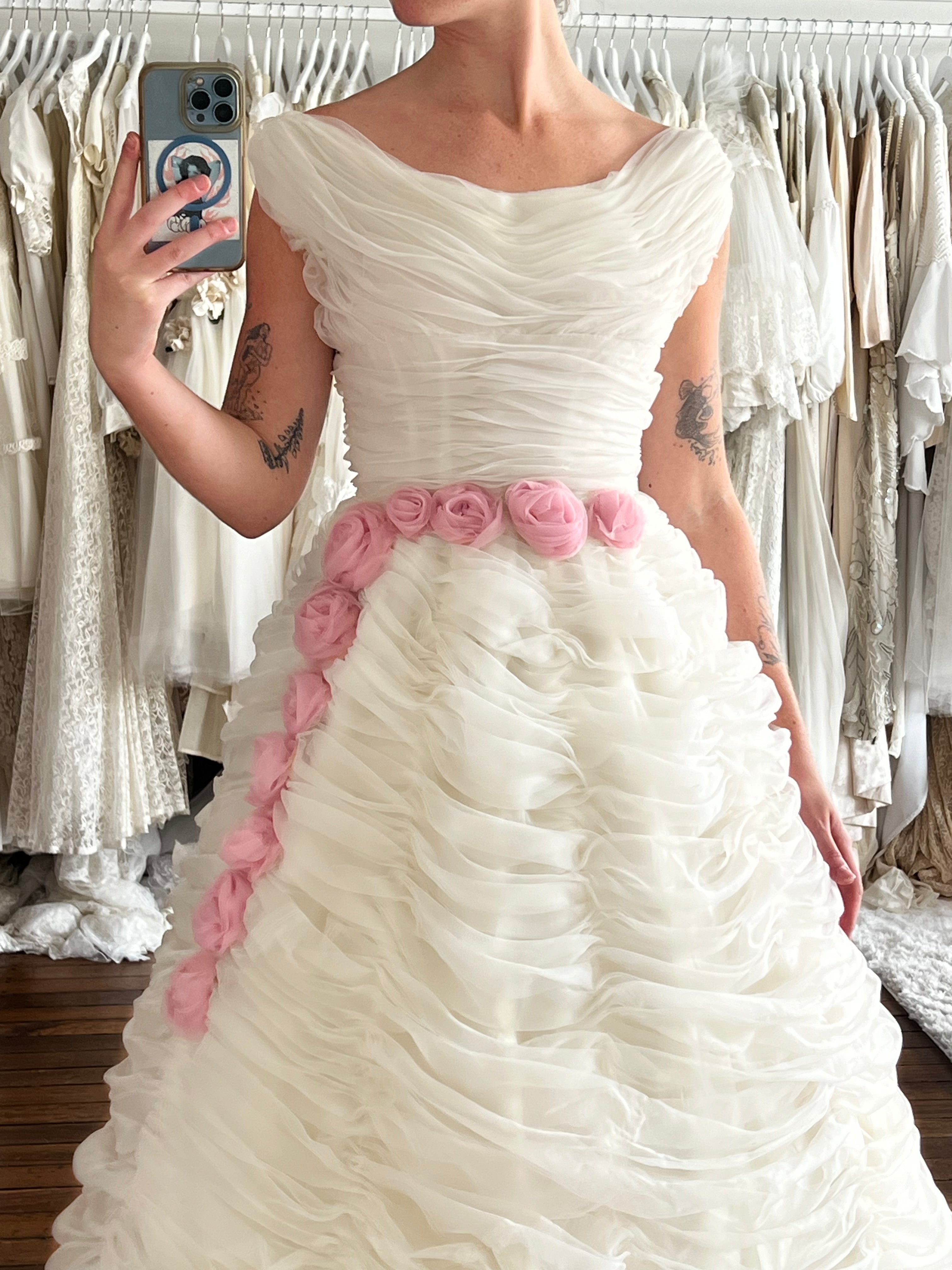 50s Draped Organza Pink Rosette Detail Dress