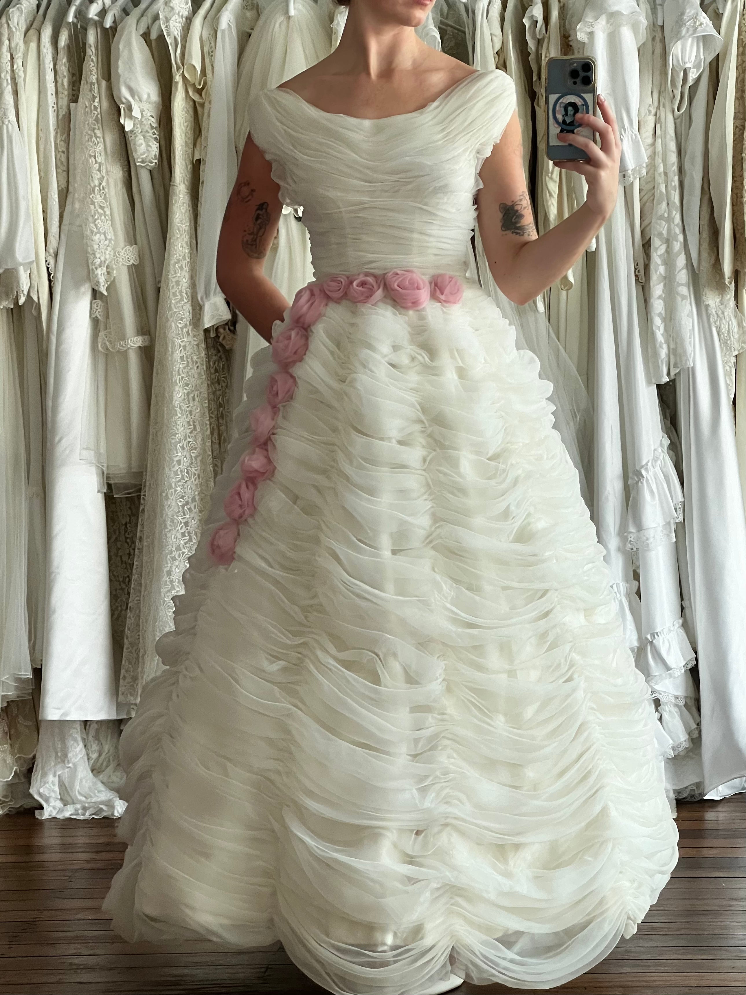 50s Draped Organza Pink Rosette Detail Dress