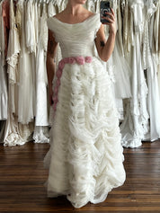 50s Draped Organza Pink Rosette Detail Dress