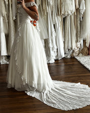 40s Lace Ruffle Off-the-shoulder Gathered Waist Dress