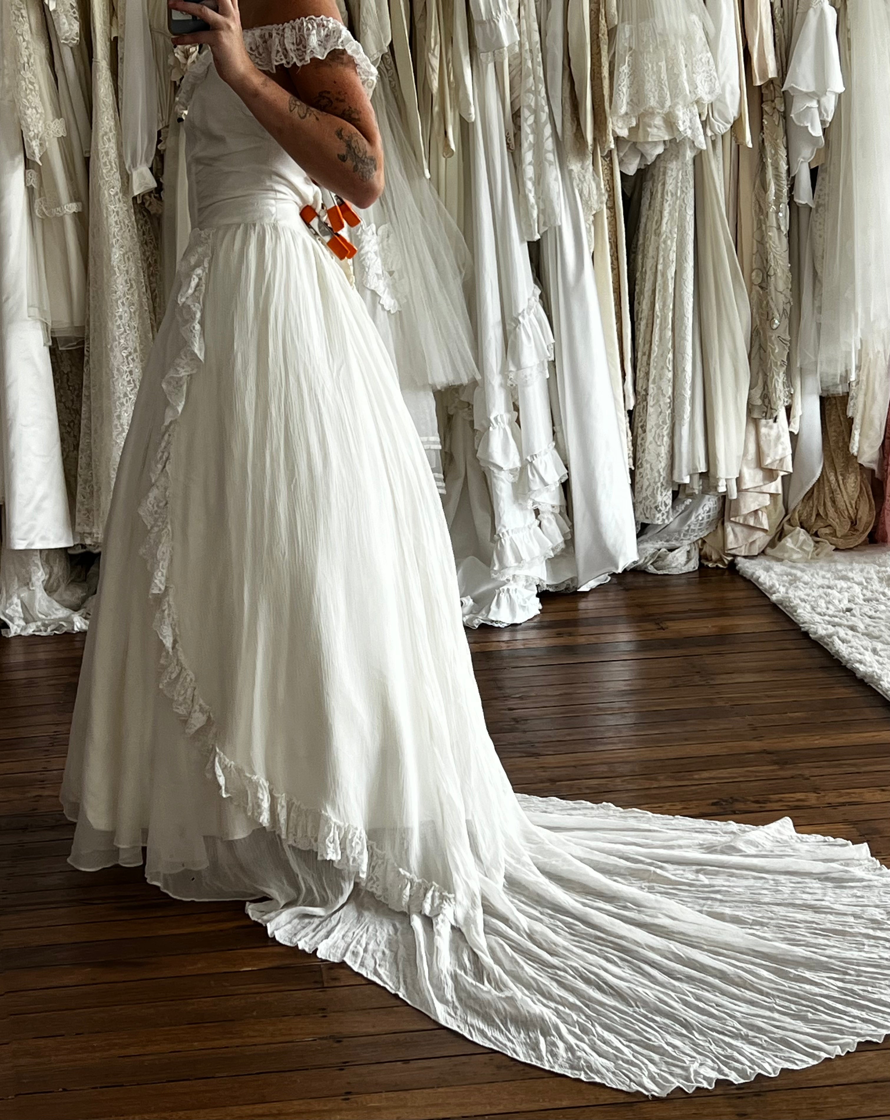 40s Lace Ruffle Off-the-shoulder Gathered Waist Dress