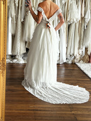 40s Lace Ruffle Off-the-shoulder Gathered Waist Dress