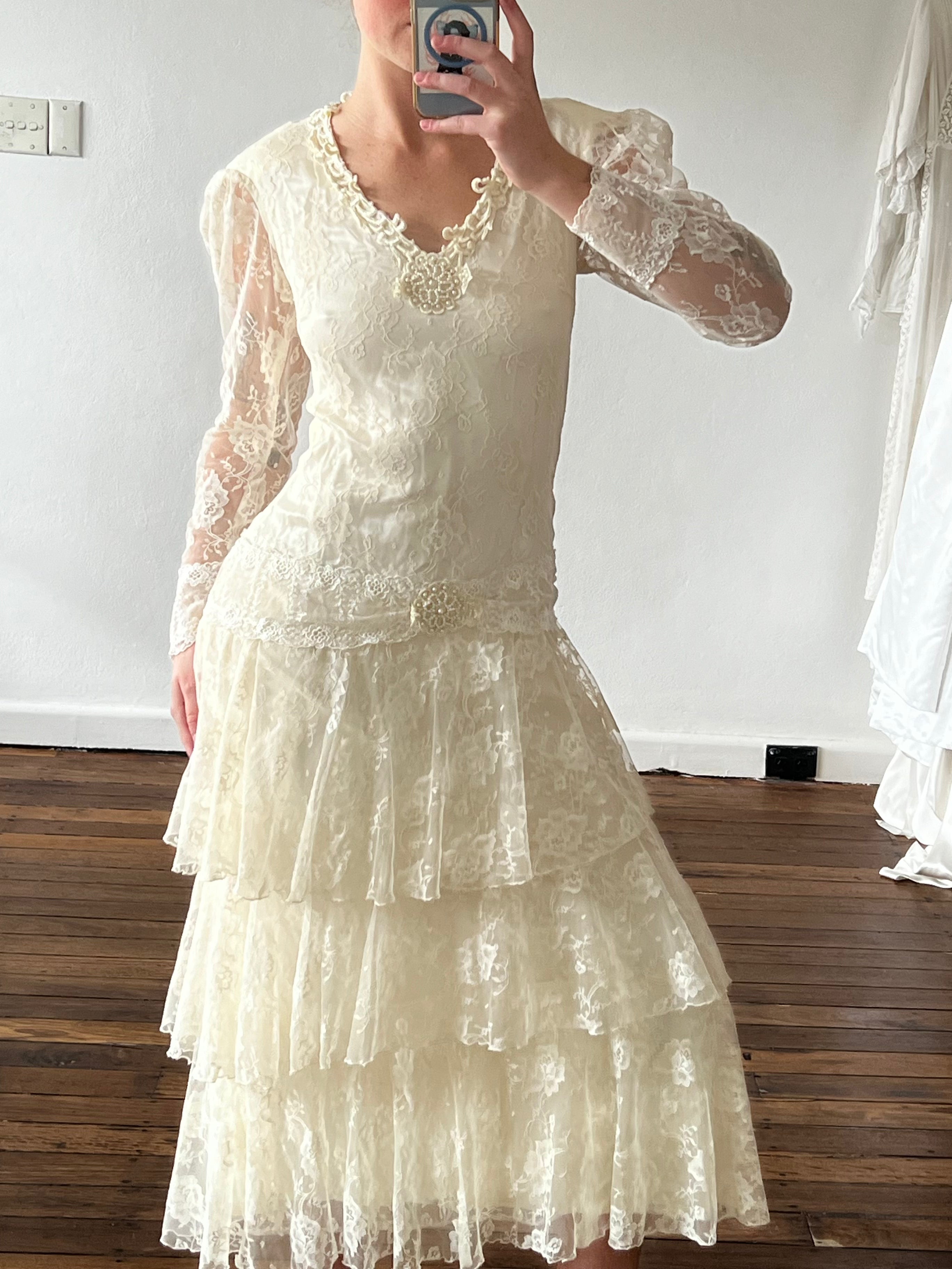 80s does 20s Flapper Tiered Lace Skirt Dress
