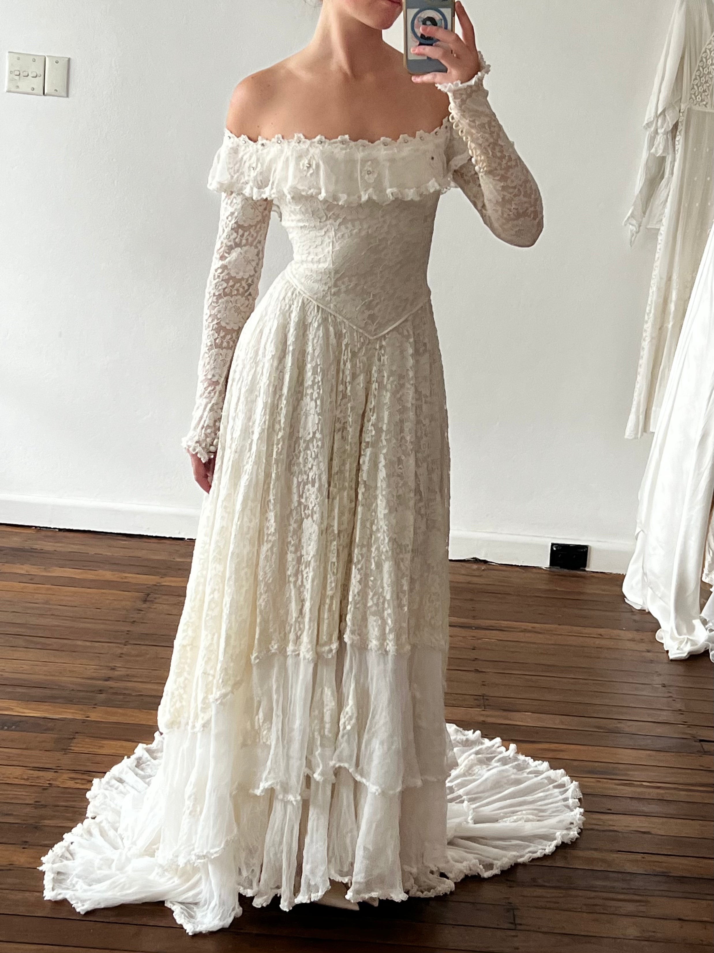 40s Lace Long Sleeve Off-the-shoulder Dress