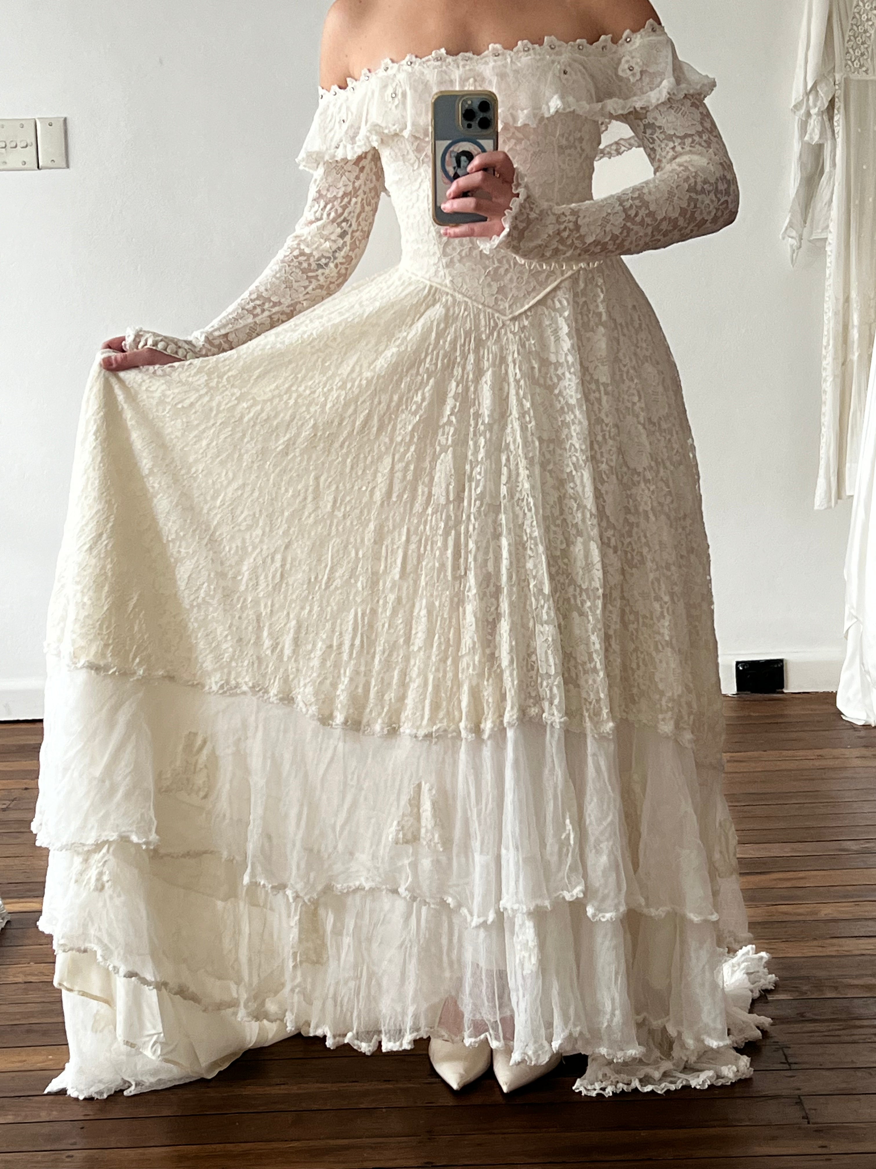 40s Lace Long Sleeve Off-the-shoulder Dress