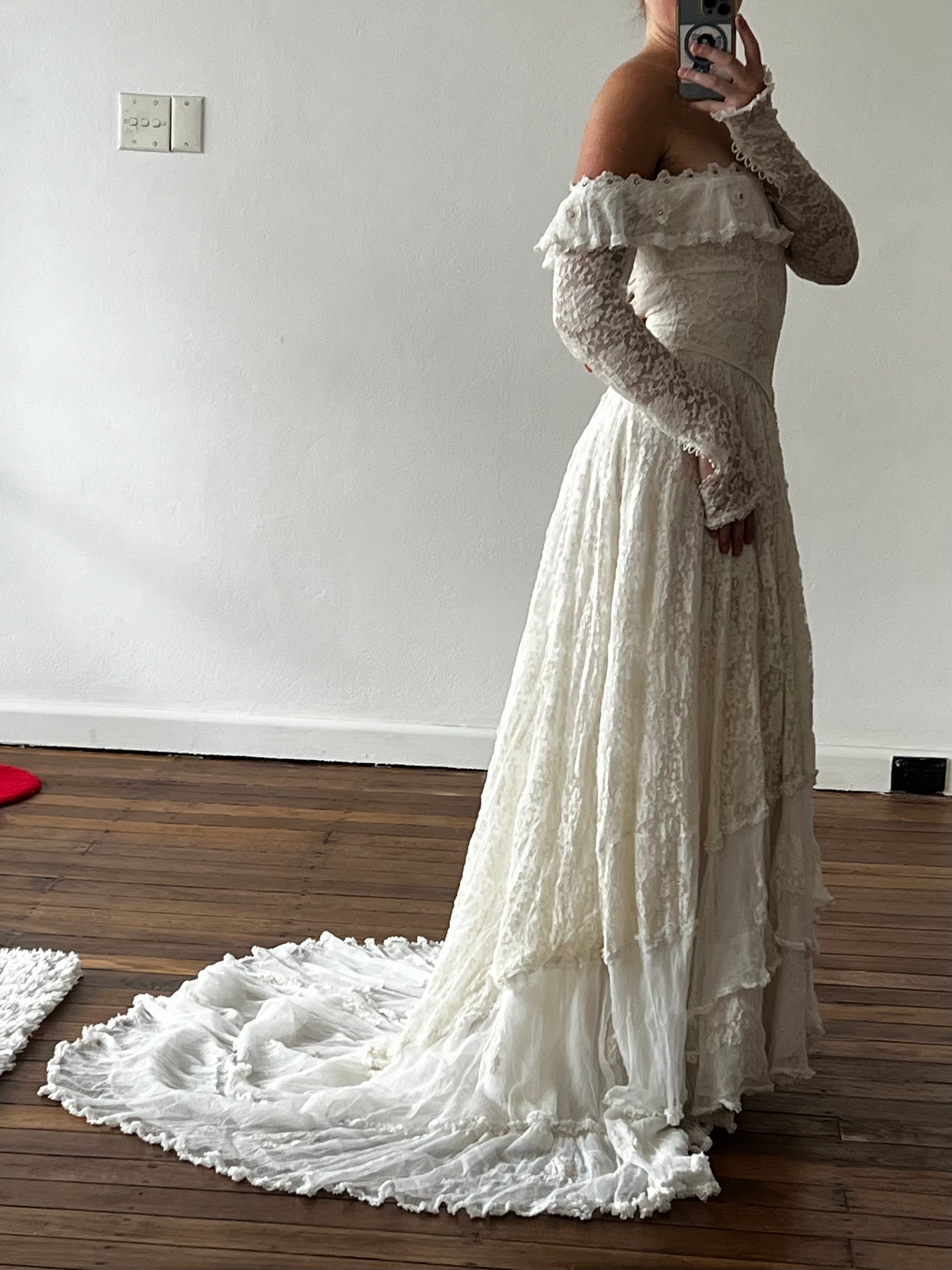 40s Lace Long Sleeve Off-the-shoulder Dress