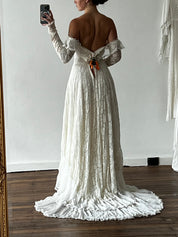 40s Lace Long Sleeve Off-the-shoulder Dress