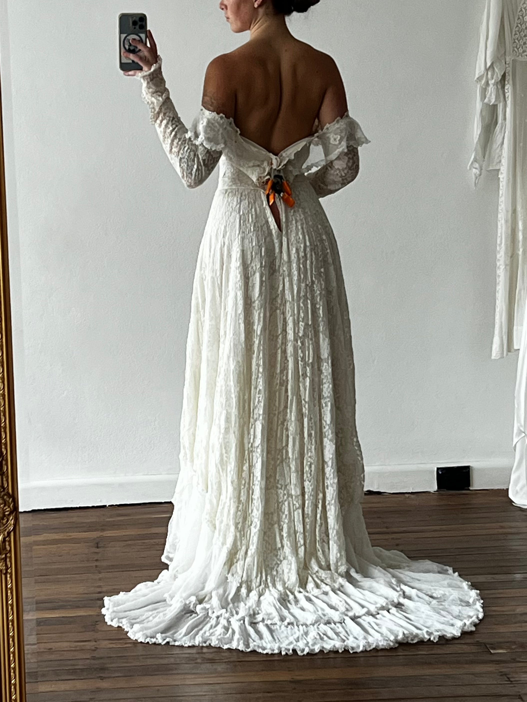 40s Lace Long Sleeve Off-the-shoulder Dress