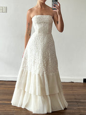 50s Strapless Lace Pleat Tiered Dress with Bolero