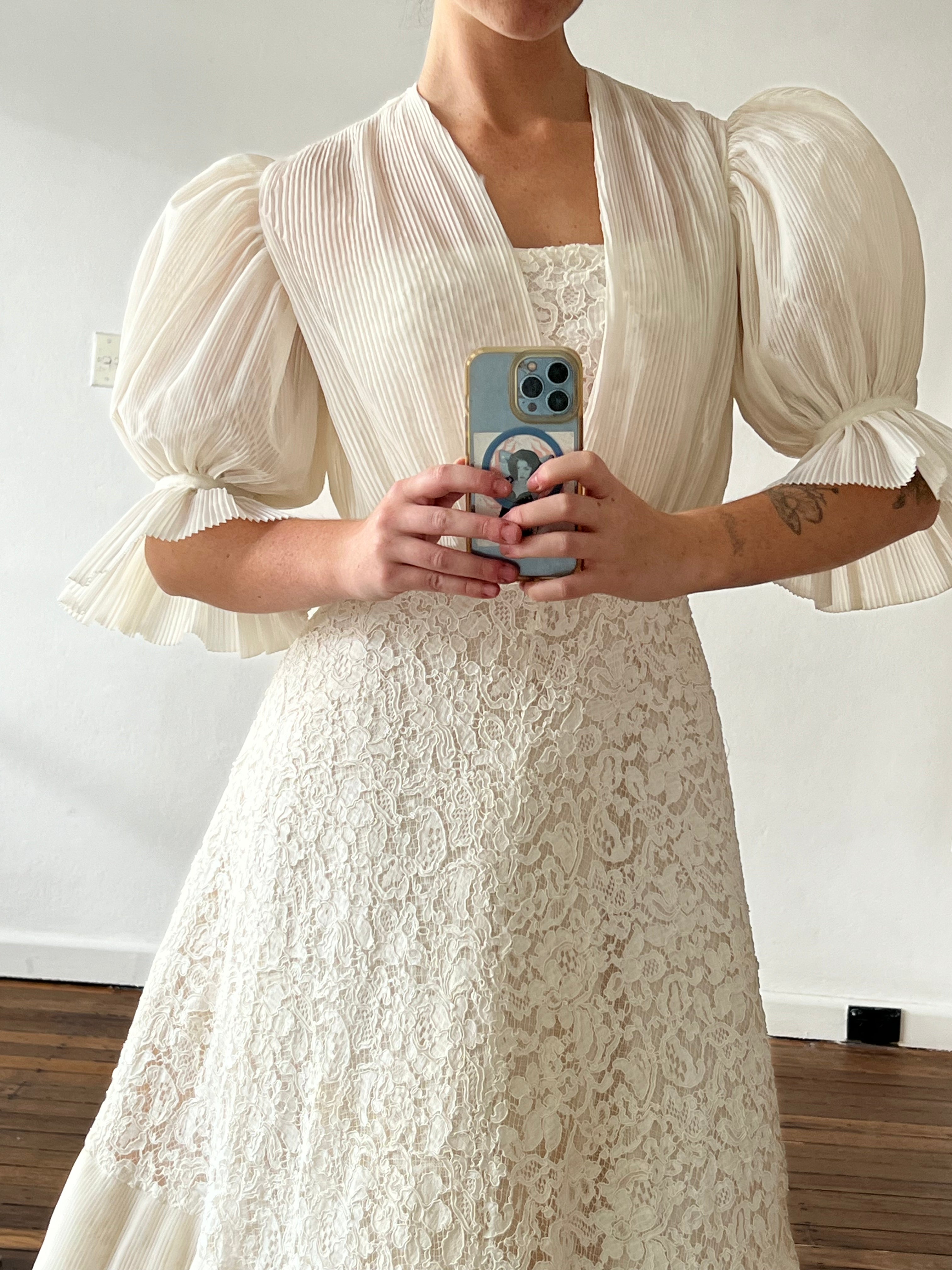 50s Strapless Lace Pleat Tiered Dress with Bolero