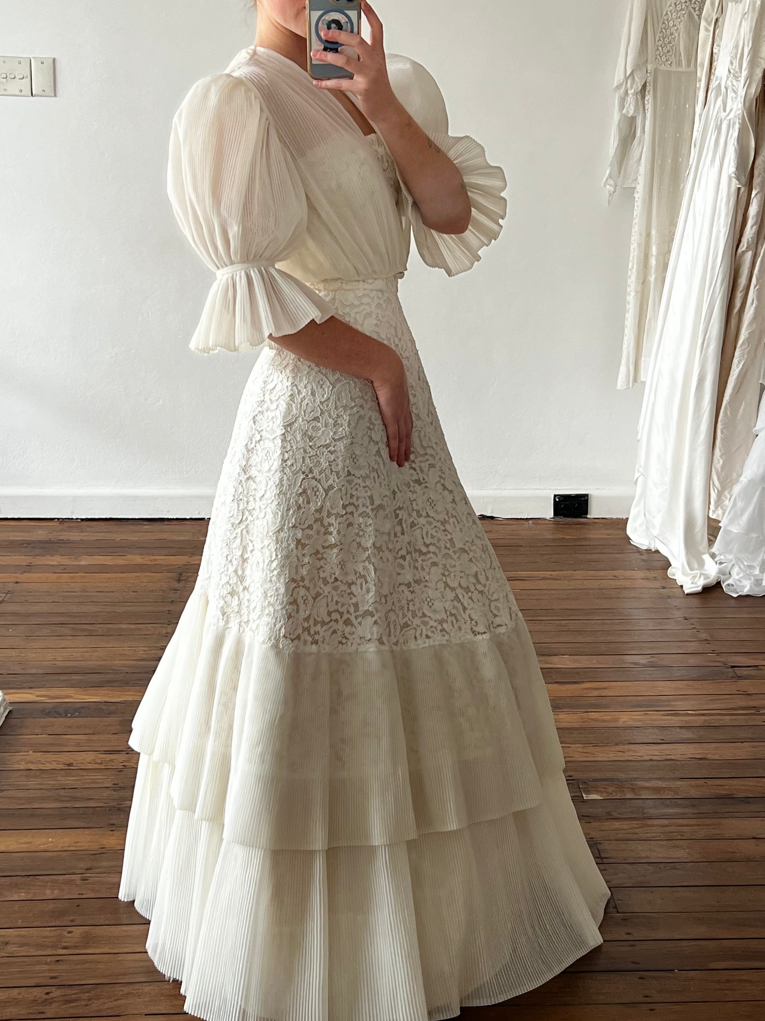 50s Strapless Lace Pleat Tiered Dress with Bolero