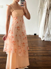 70s Peach Floral Chiffon Overlay Dress with Cape