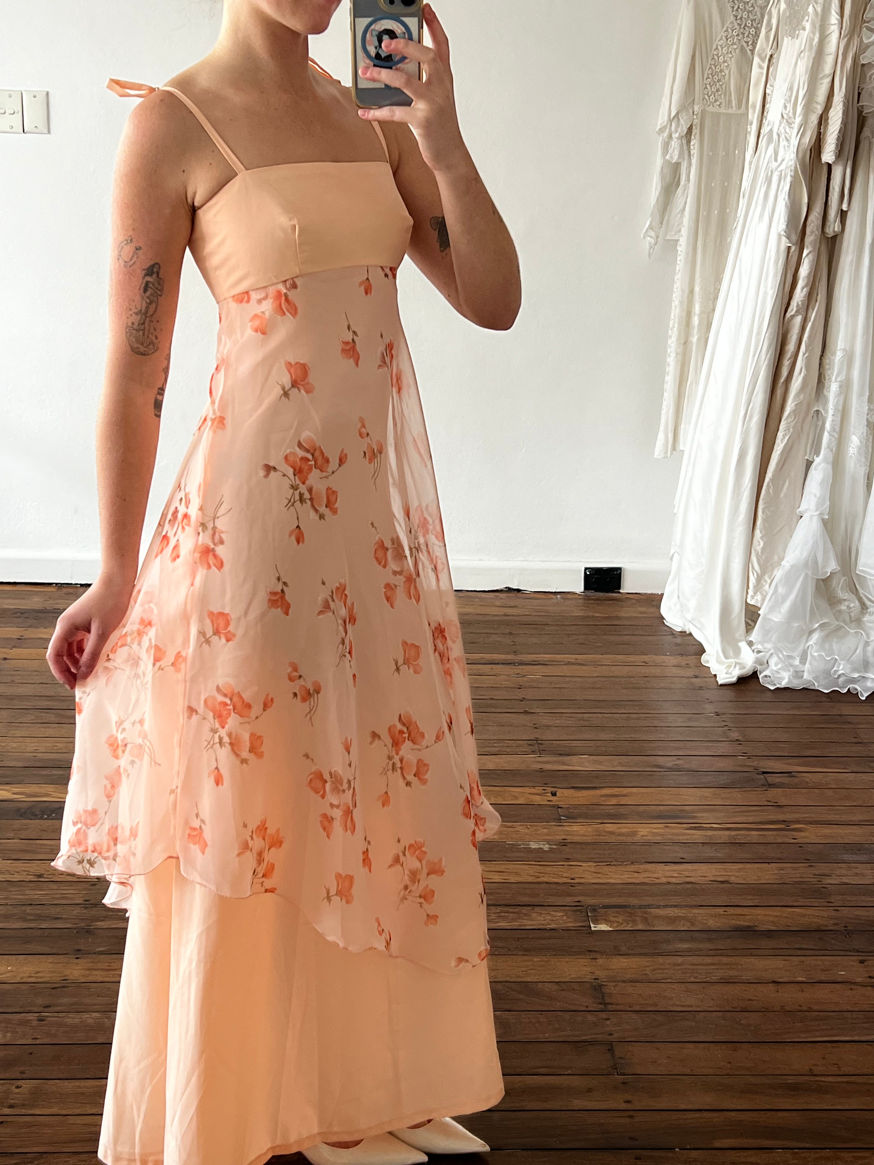 70s Peach Floral Chiffon Overlay Dress with Cape