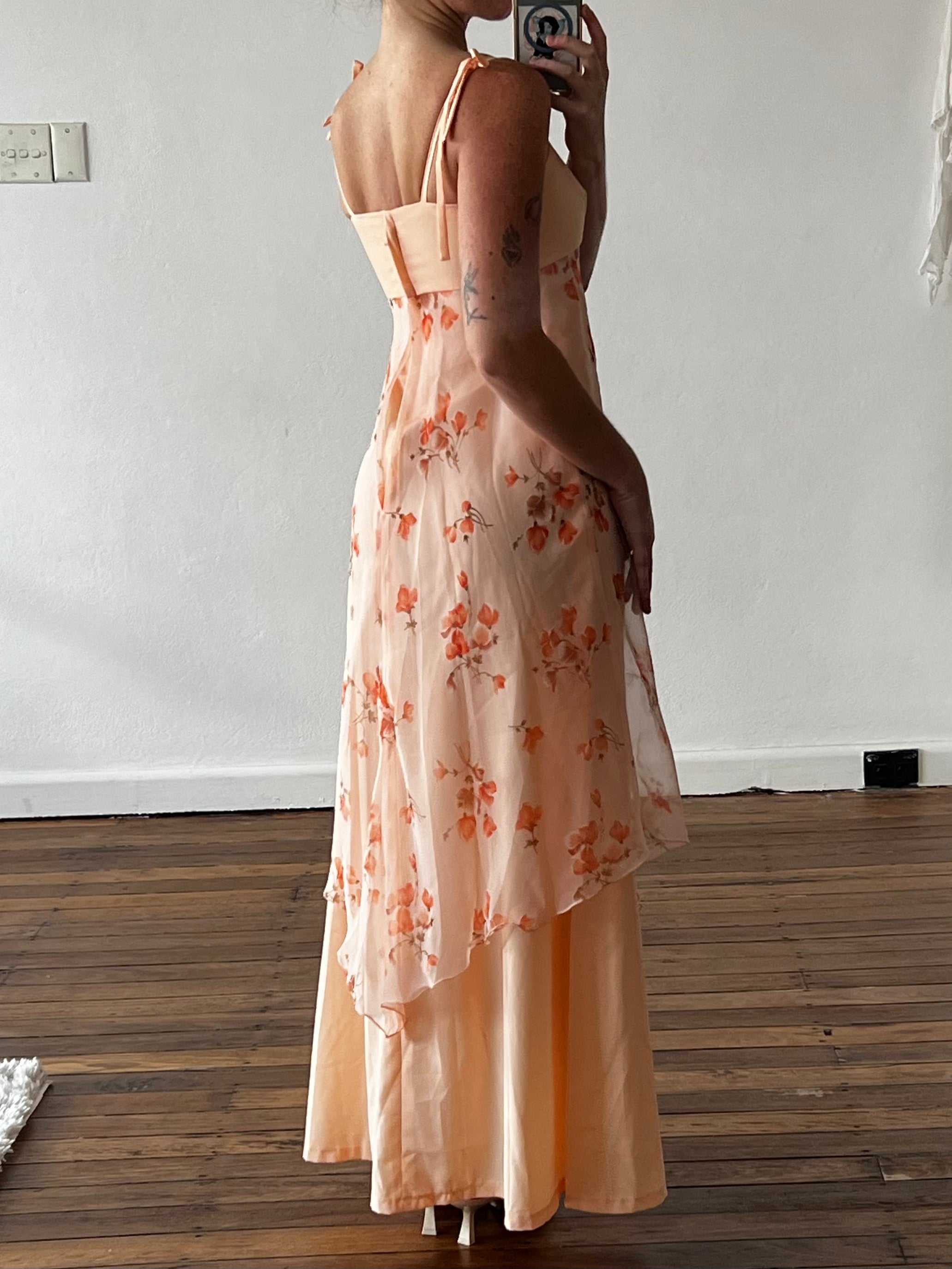 70s Peach Floral Chiffon Overlay Dress with Cape