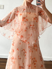 70s Peach Floral Chiffon Overlay Dress with Cape