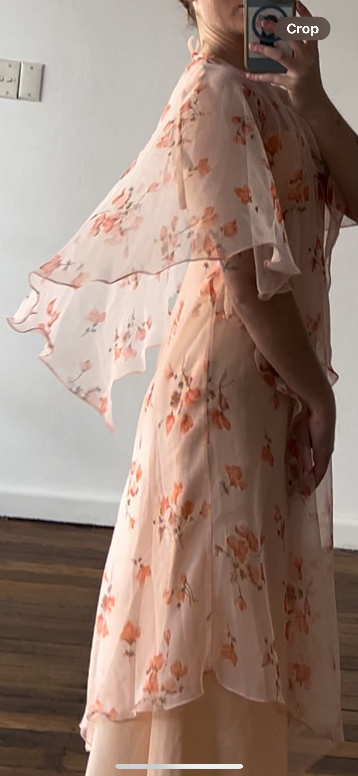 70s Peach Floral Chiffon Overlay Dress with Cape