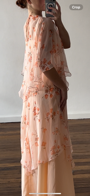 70s Peach Floral Chiffon Overlay Dress with Cape