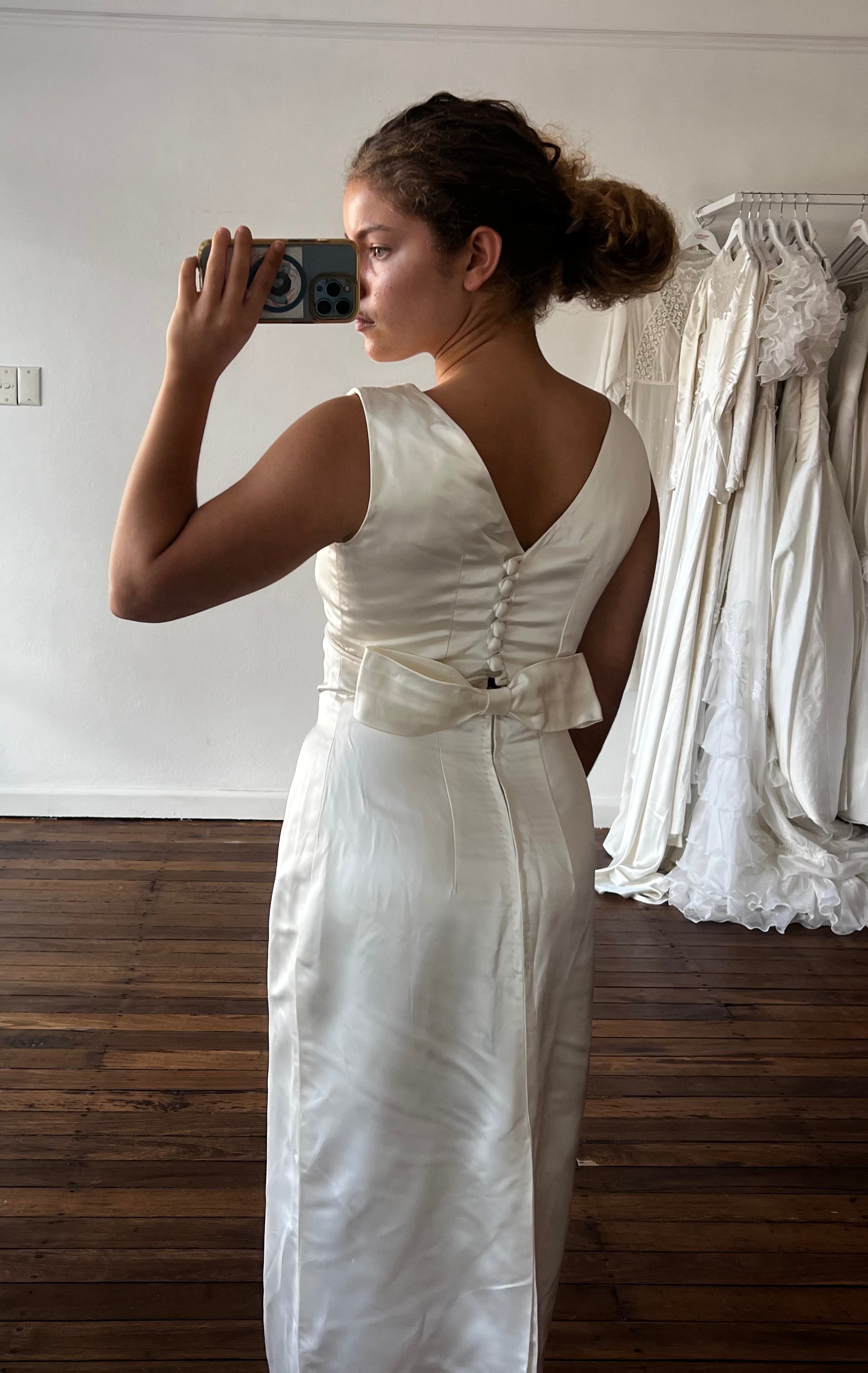 60s Silk Satin Bow Detail Column Dress