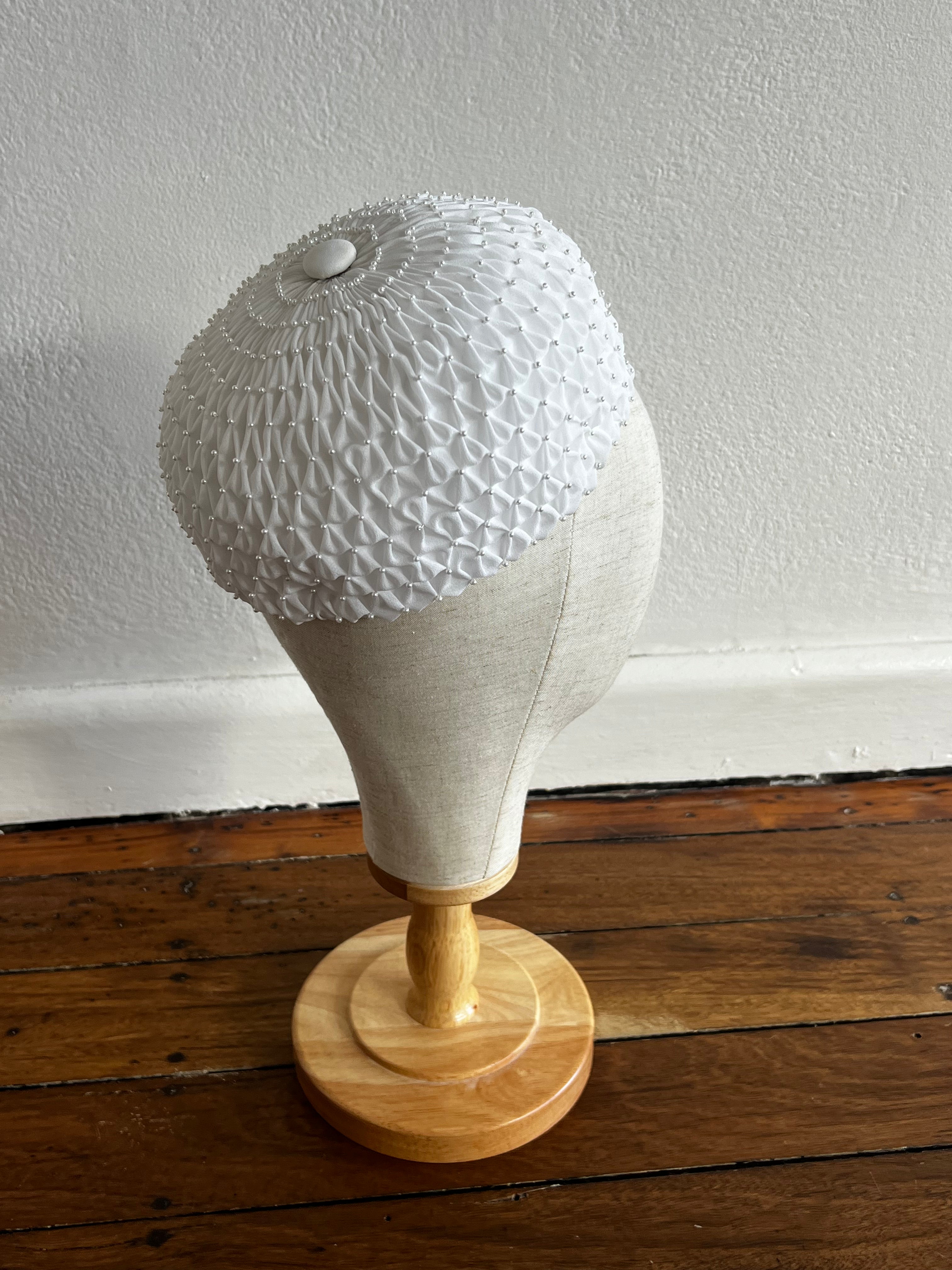 60s Beaded Smocked Silk Chiffon Bridal Hat