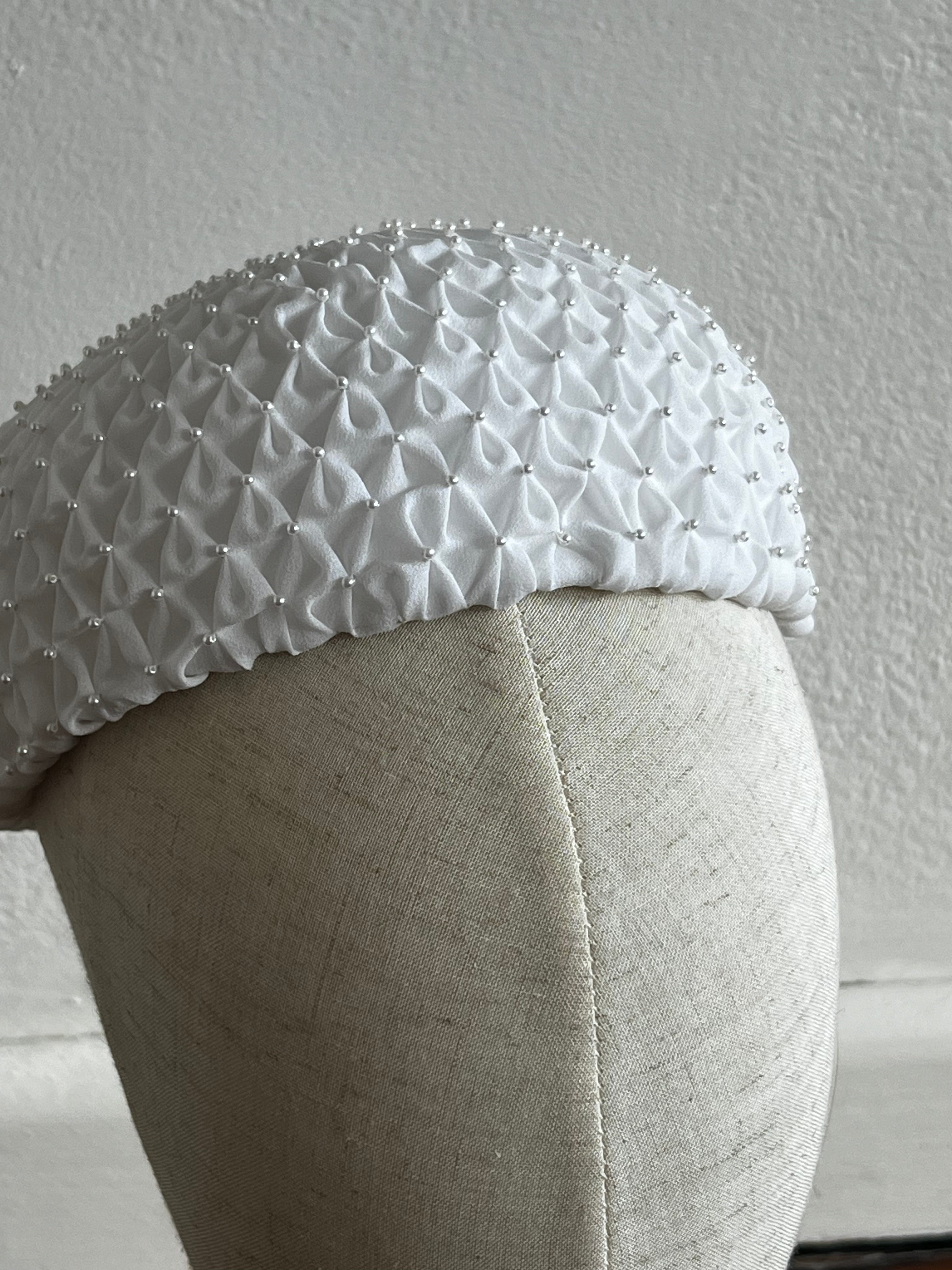60s Beaded Smocked Silk Chiffon Bridal Hat