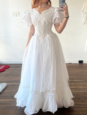 80s Layered Ruffle Sleeve Drop Basque Waist Dress