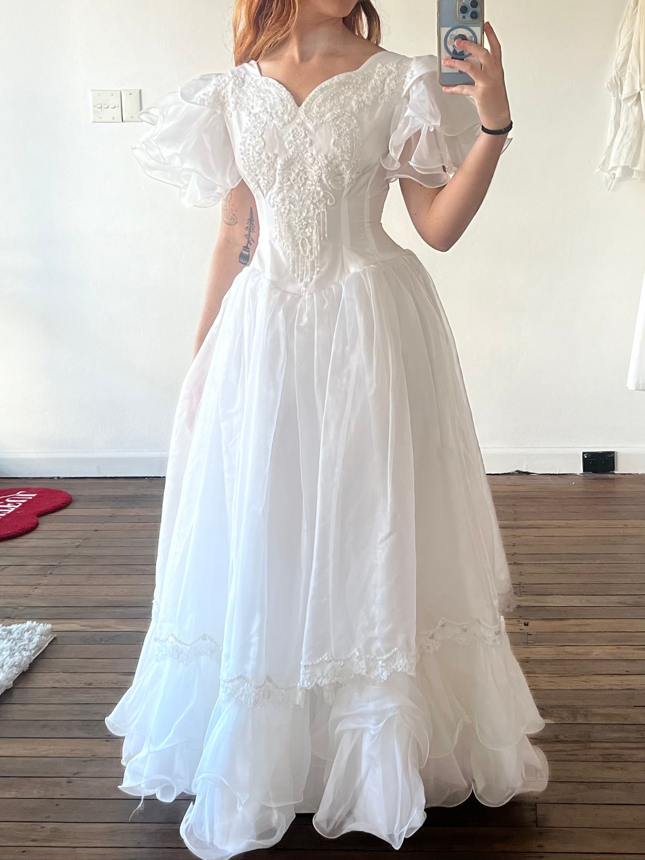 80s Layered Ruffle Sleeve Drop Basque Waist Dress