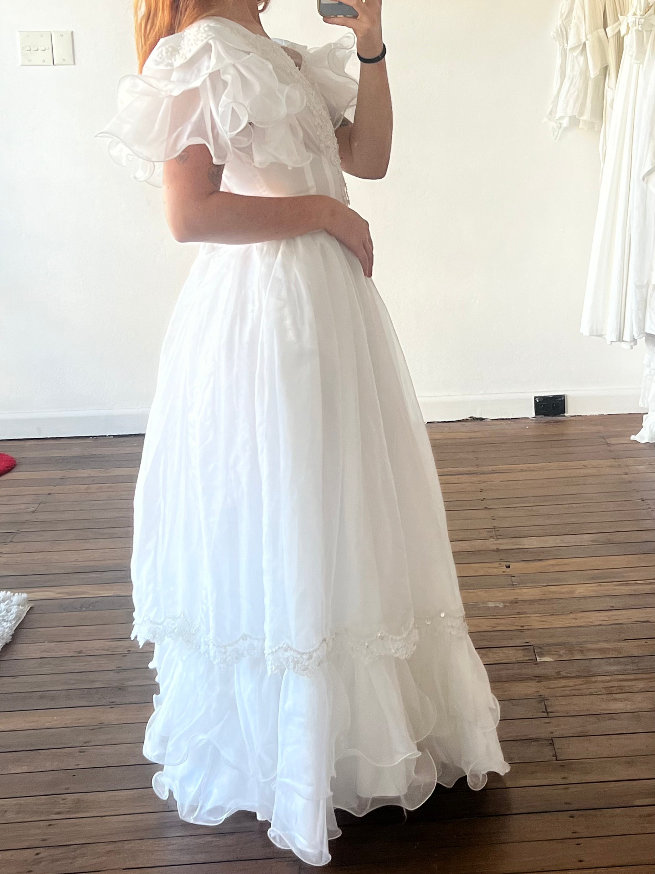 80s Layered Ruffle Sleeve Drop Basque Waist Dress
