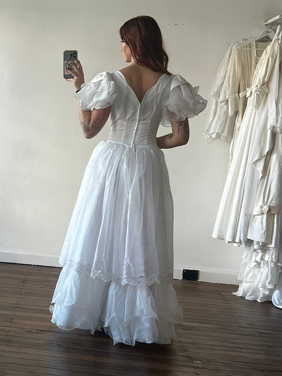 80s Layered Ruffle Sleeve Drop Basque Waist Dress