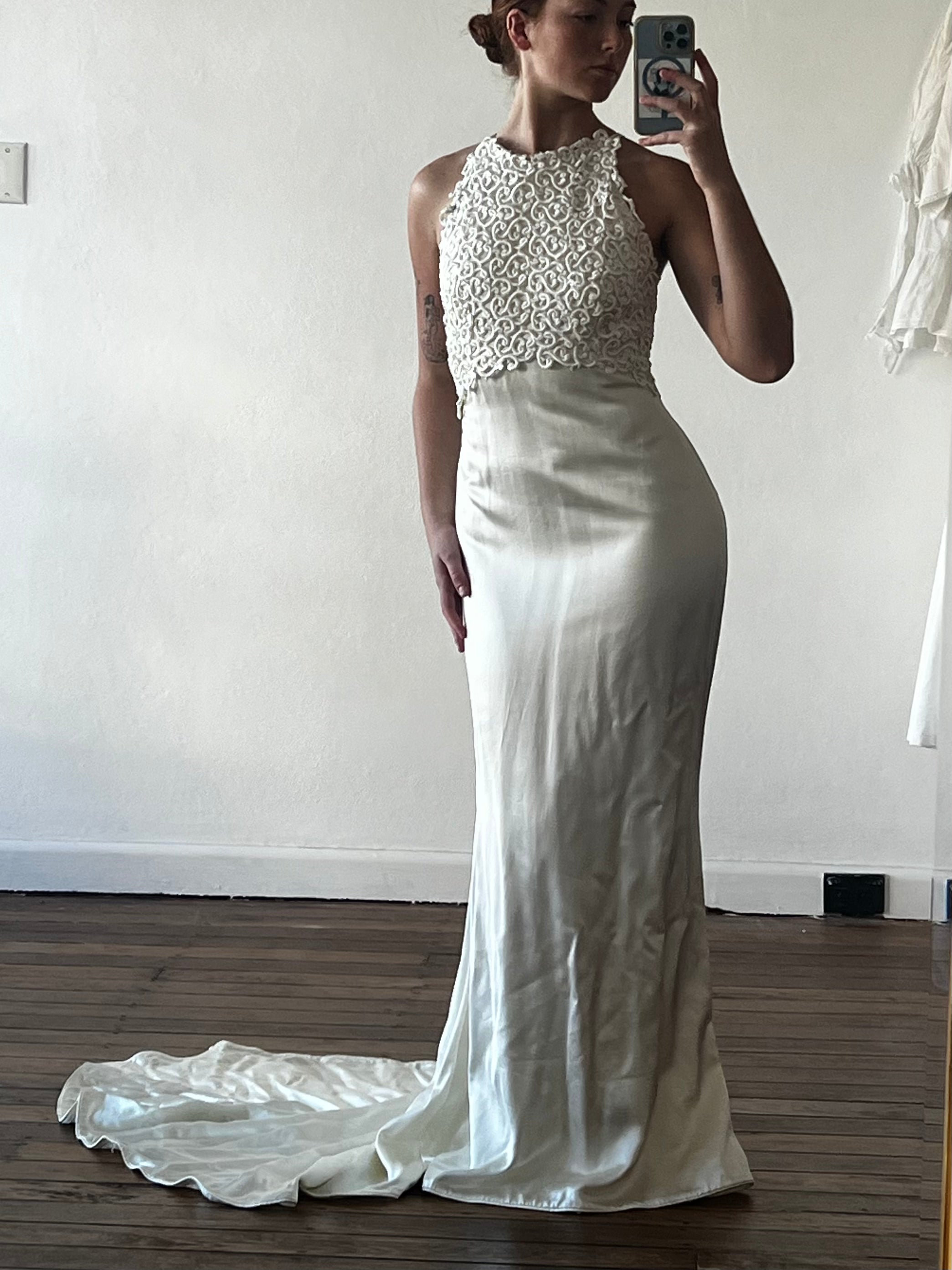 Dead-stock 90s Backless Halter Guipure Mermaid Dress