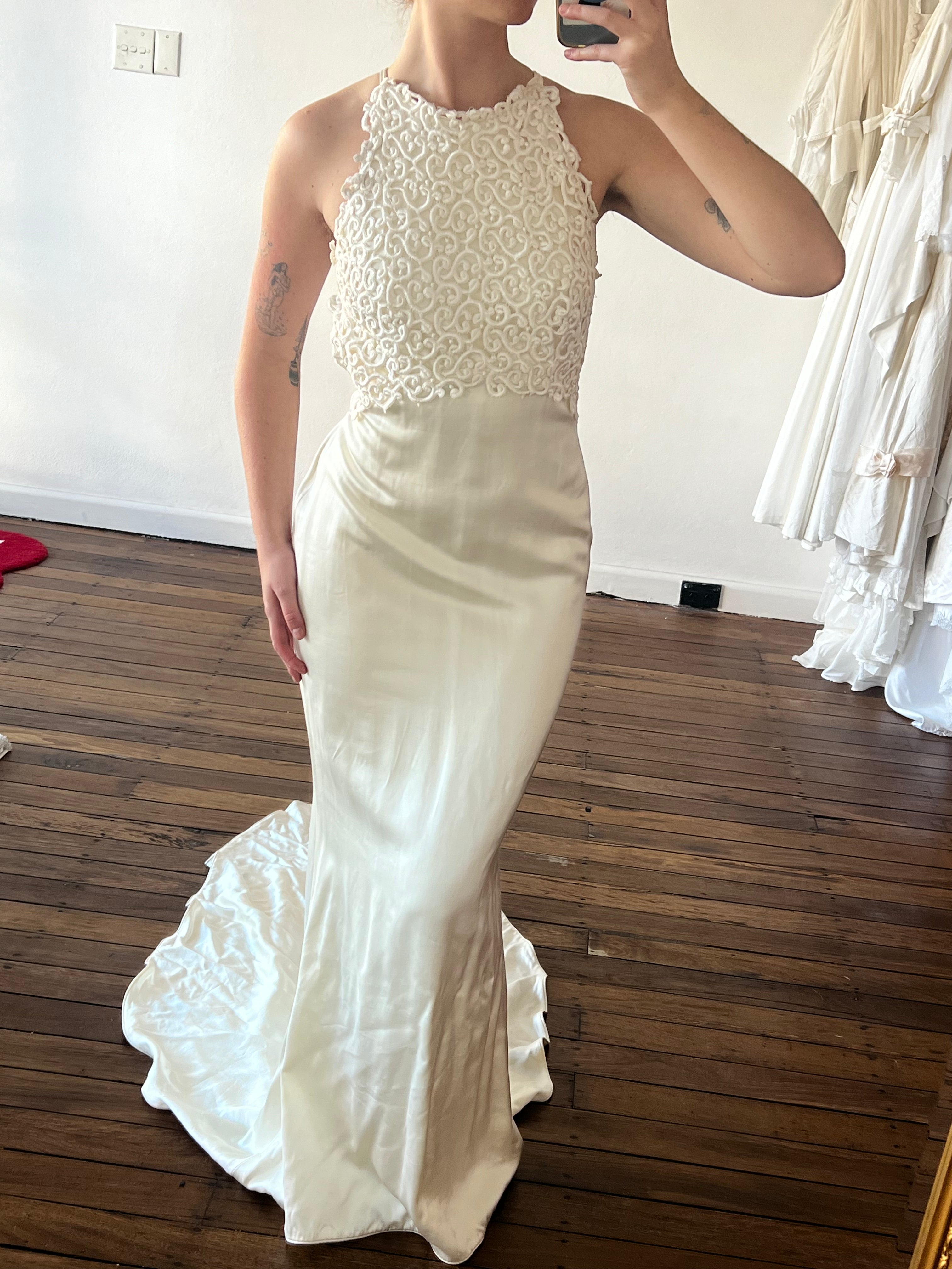 Dead-stock 90s Backless Halter Guipure Mermaid Dress