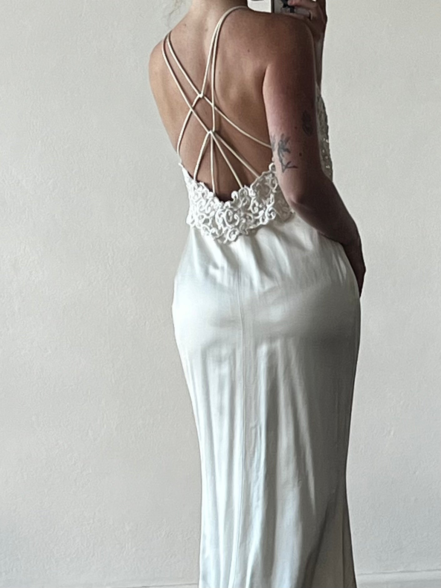 Dead-stock 90s Backless Halter Guipure Mermaid Dress