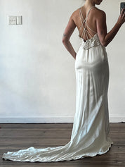 Dead-stock 90s Backless Halter Guipure Mermaid Dress