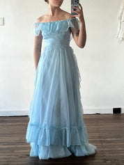 70s Baby Blue Off-the-shoulder Ruffle Dress