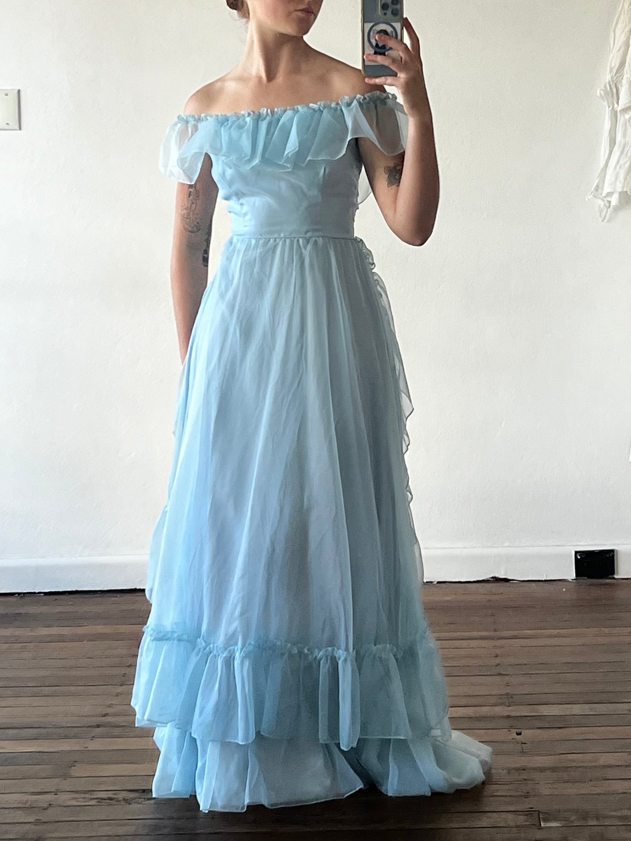 70s Baby Blue Off-the-shoulder Ruffle Dress