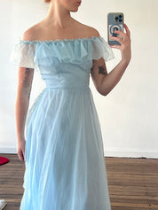 70s Baby Blue Off-the-shoulder Ruffle Dress