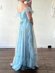 70s Baby Blue Off-the-shoulder Ruffle Dress