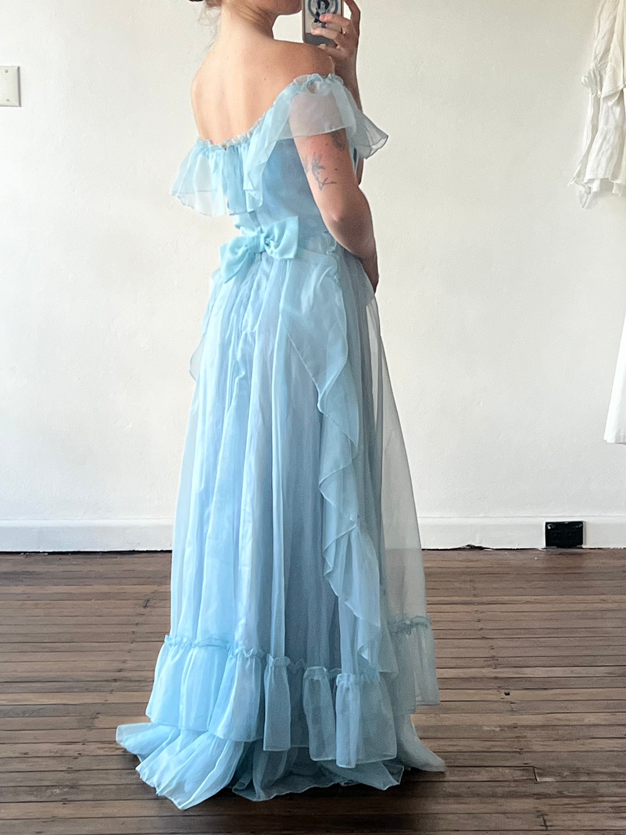 70s Baby Blue Off-the-shoulder Ruffle Dress