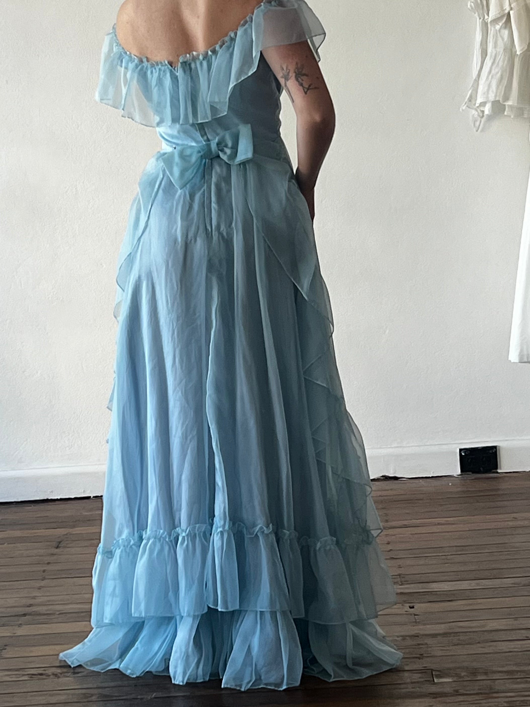 70s Baby Blue Off-the-shoulder Ruffle Dress