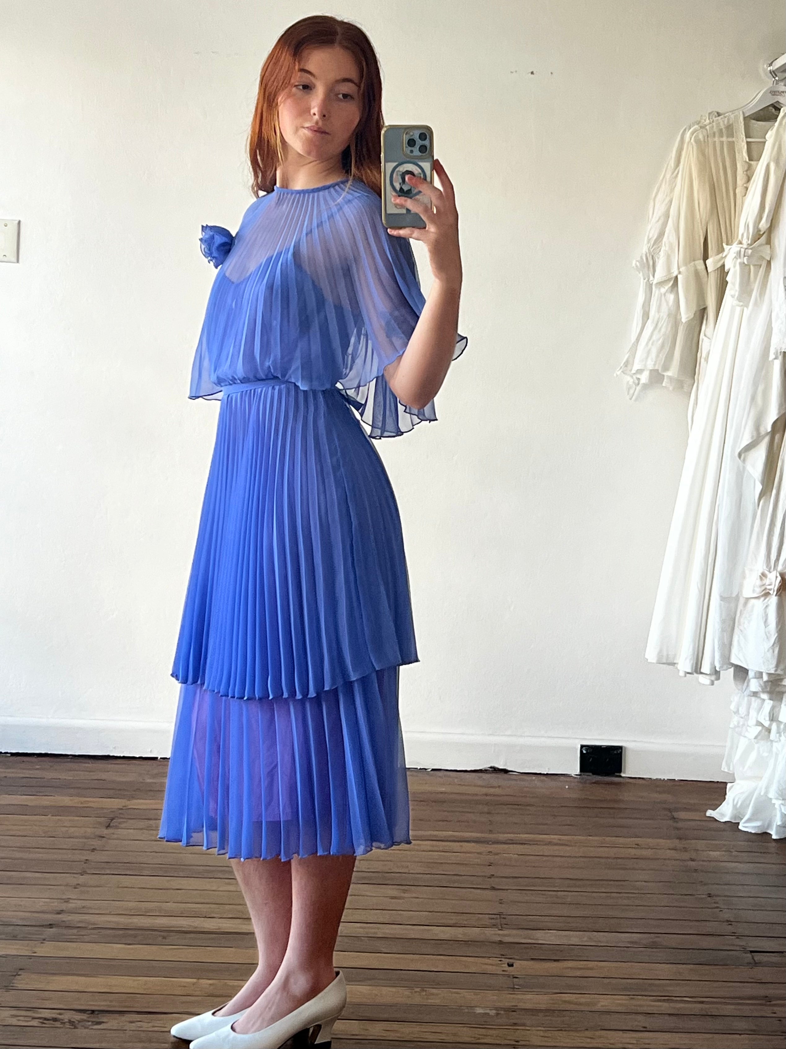 60s Indigo Blue Pleated Chiffon Dress